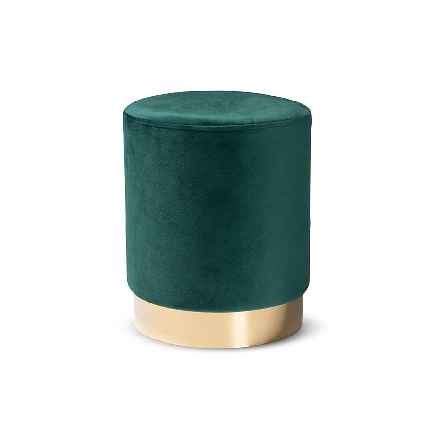 Baxton Studio Chaela Contemporary Glam and Luxe Green Velvet Fabric Upholstered and Gold Finished Metal Ottoman | Ottomans | Modishstore