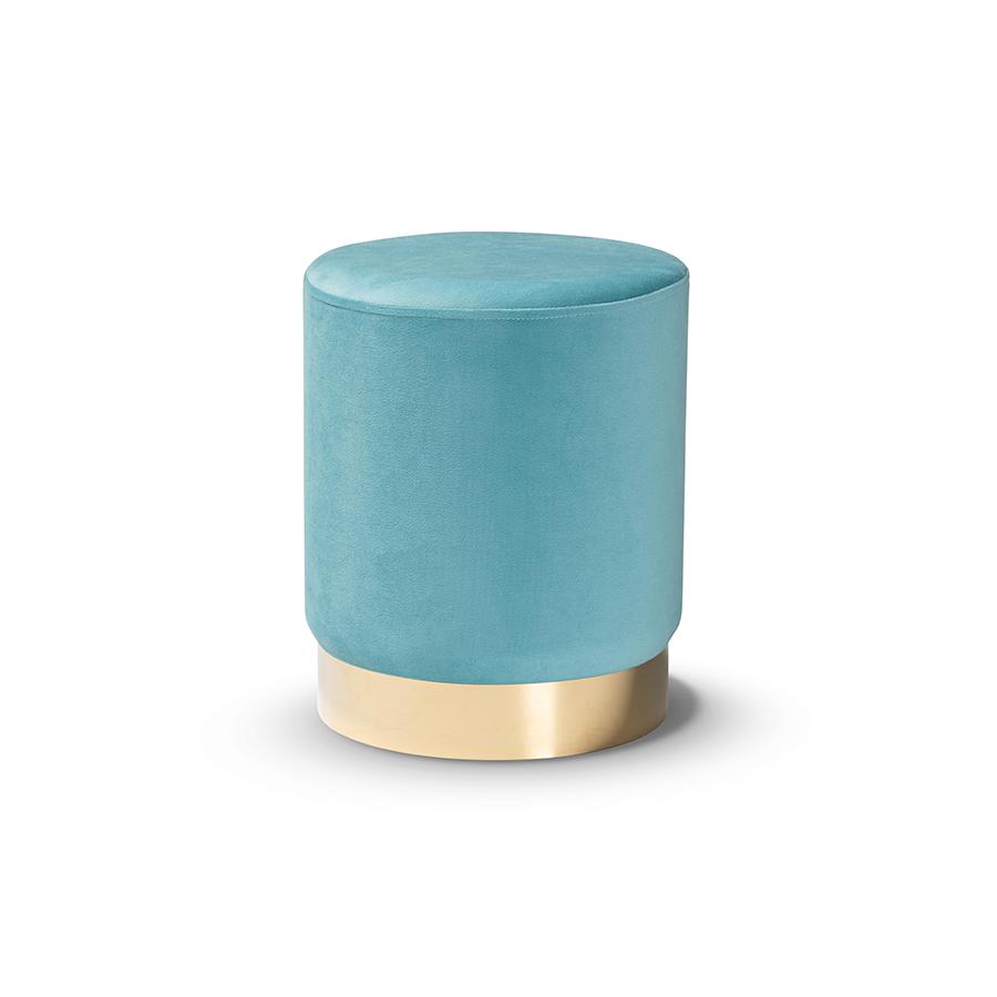 Baxton Studio Chaela Contemporary Glam and Luxe Sky Blue Velvet Fabric Upholstered and Gold Finished Metal Ottoman | Ottomans | Modishstore