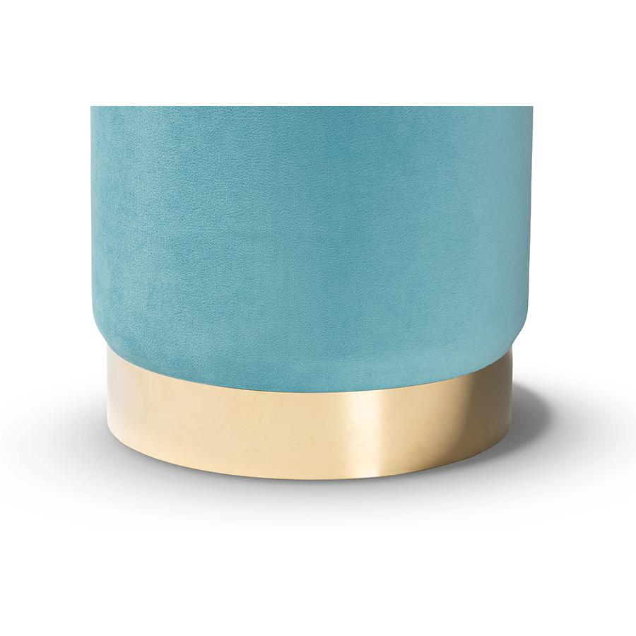 Baxton Studio Chaela Contemporary Glam and Luxe Sky Blue Velvet Fabric Upholstered and Gold Finished Metal Ottoman | Ottomans | Modishstore - 2