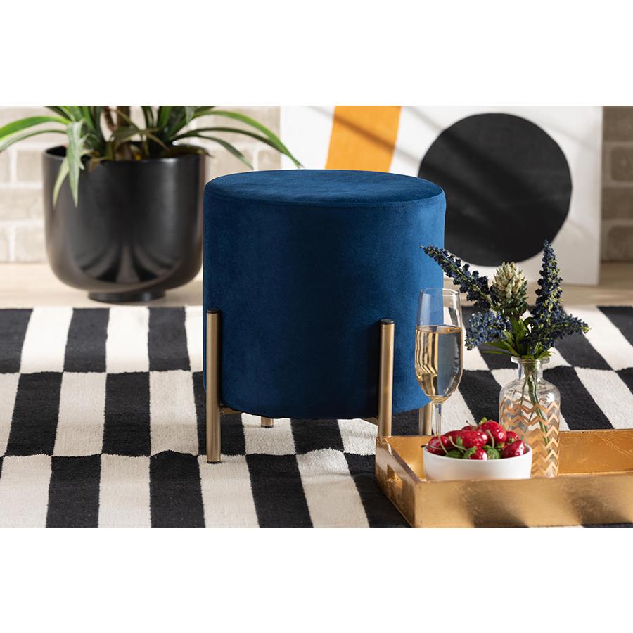 Baxton Studio Thurman Contemporary Glam and Luxe Navy Blue Velvet Fabric Upholstered and Gold Finished Metal Ottoman | Ottomans | Modishstore - 2