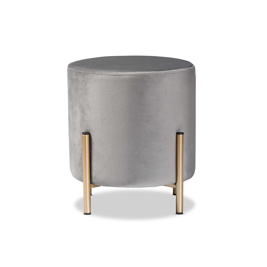Baxton Studio Thurman Contemporary Glam and Luxe Grey Velvet Fabric Upholstered and Gold Finished Metal Ottoman | Ottomans | Modishstore - 3