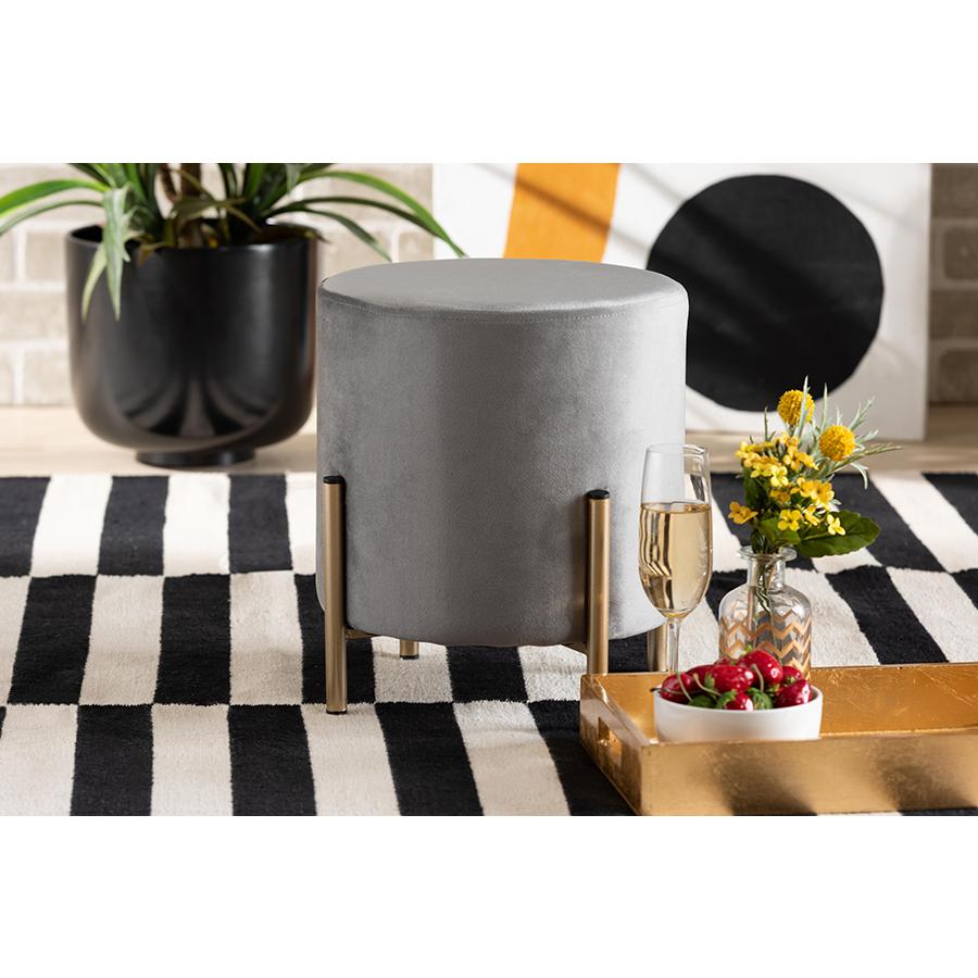 Baxton Studio Thurman Contemporary Glam and Luxe Grey Velvet Fabric Upholstered and Gold Finished Metal Ottoman | Ottomans | Modishstore - 2