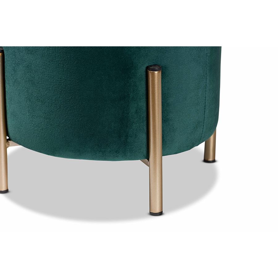 Baxton Studio Thurman Contemporary Glam and Luxe Green Velvet Fabric Upholstered and Gold Finished Metal Ottoman | Ottomans | Modishstore - 4