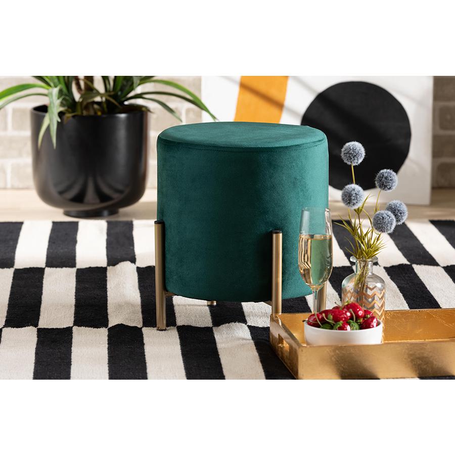 Baxton Studio Thurman Contemporary Glam and Luxe Green Velvet Fabric Upholstered and Gold Finished Metal Ottoman | Ottomans | Modishstore - 2