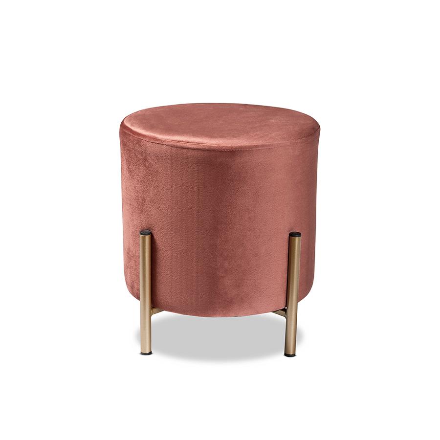 Baxton Studio Thurman Contemporary Glam and Luxe Pink Velvet Fabric Upholstered and Gold Finished Metal Ottoman | Ottomans | Modishstore - 3