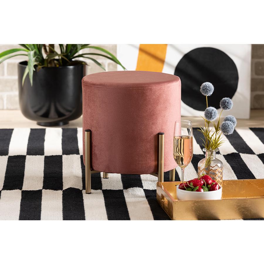 Baxton Studio Thurman Contemporary Glam and Luxe Pink Velvet Fabric Upholstered and Gold Finished Metal Ottoman | Ottomans | Modishstore - 2