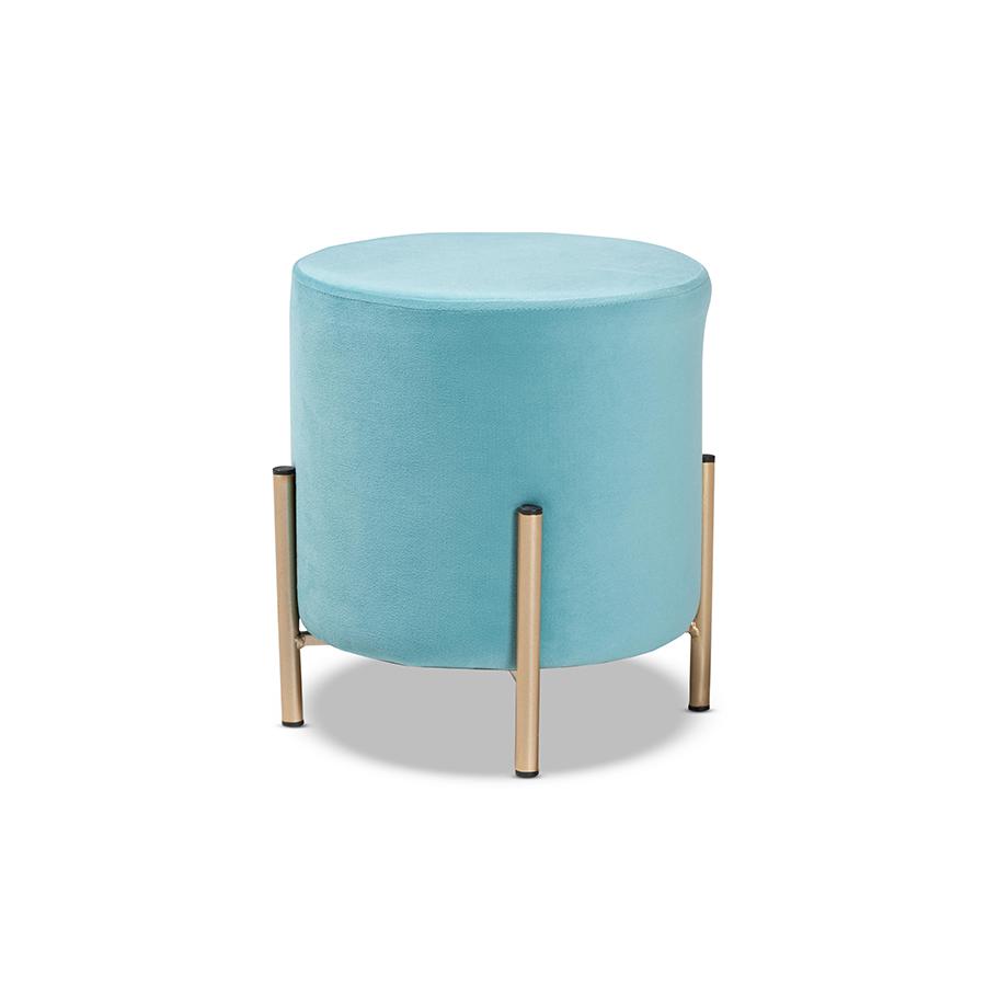 Baxton Studio Thurman Contemporary Glam and Luxe Sky Blue Velvet Fabric Upholstered and Gold Finished Metal Ottoman | Ottomans | Modishstore