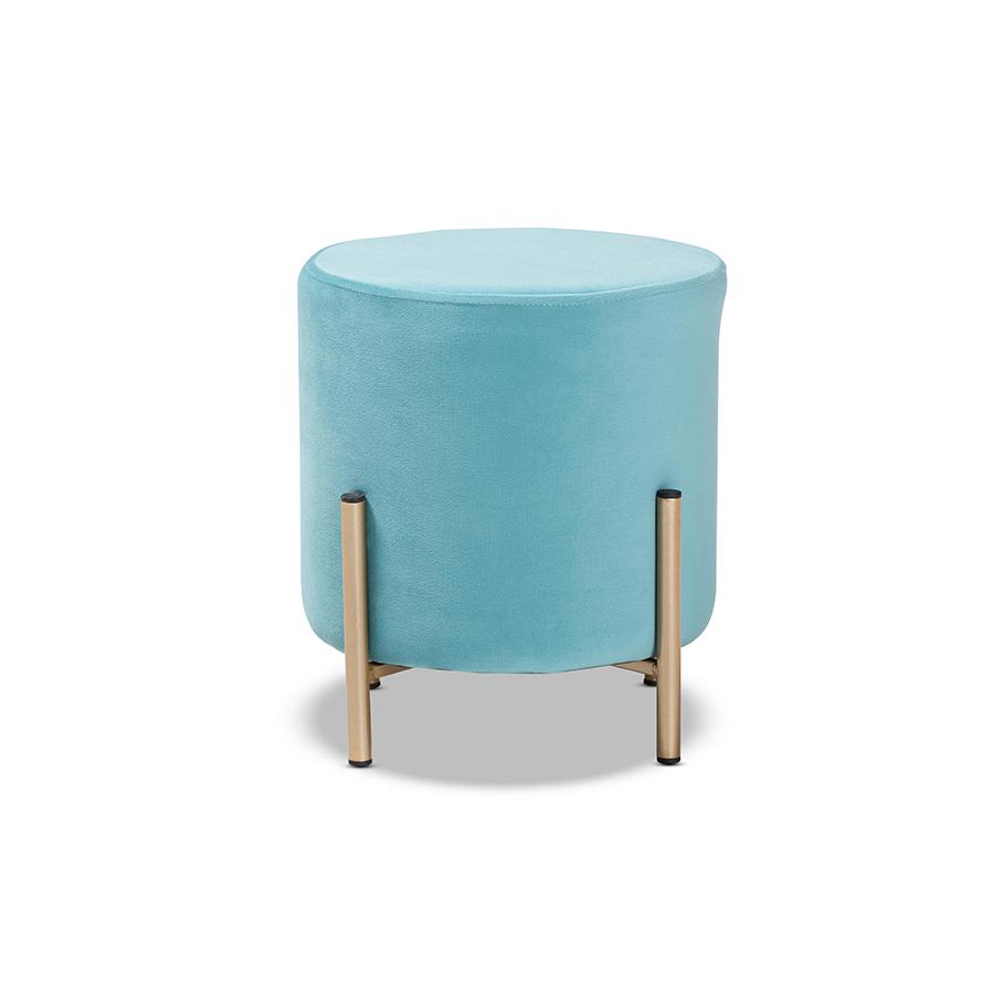 Baxton Studio Thurman Contemporary Glam and Luxe Sky Blue Velvet Fabric Upholstered and Gold Finished Metal Ottoman | Ottomans | Modishstore - 2