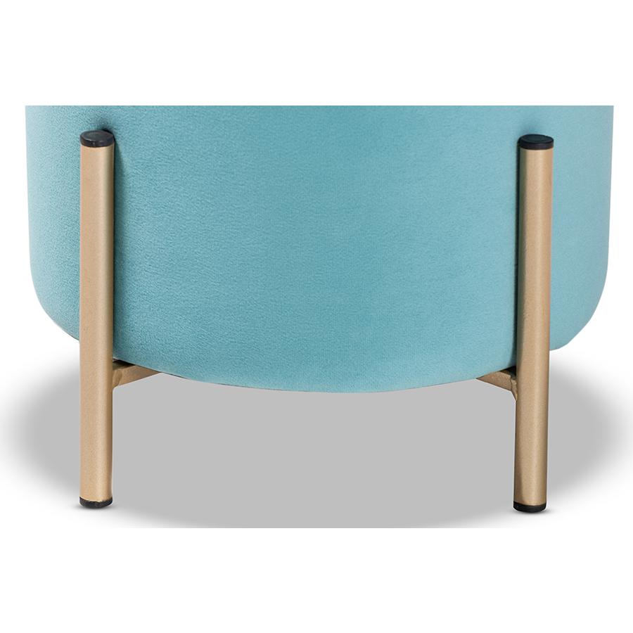 Baxton Studio Thurman Contemporary Glam and Luxe Sky Blue Velvet Fabric Upholstered and Gold Finished Metal Ottoman | Ottomans | Modishstore - 3