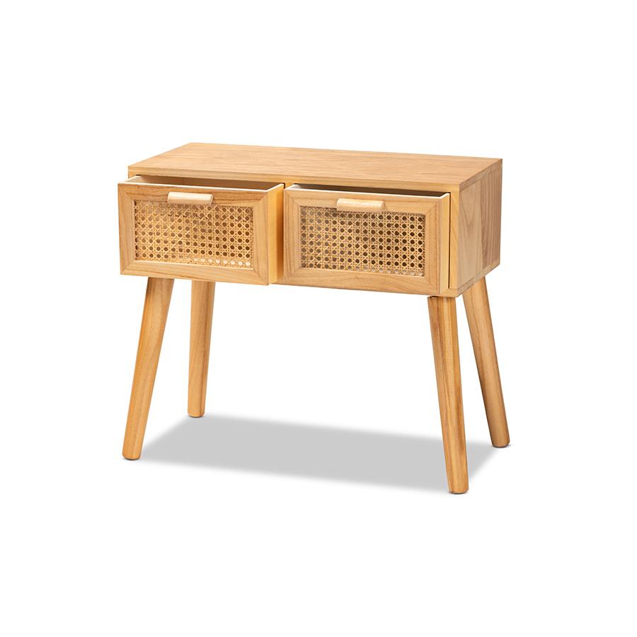Baxton Studio Falan Mid-Century Modern Oak Brown Finished Wood 2-Drawer Console Table with Rattan | Console Tables | Modishstore - 2