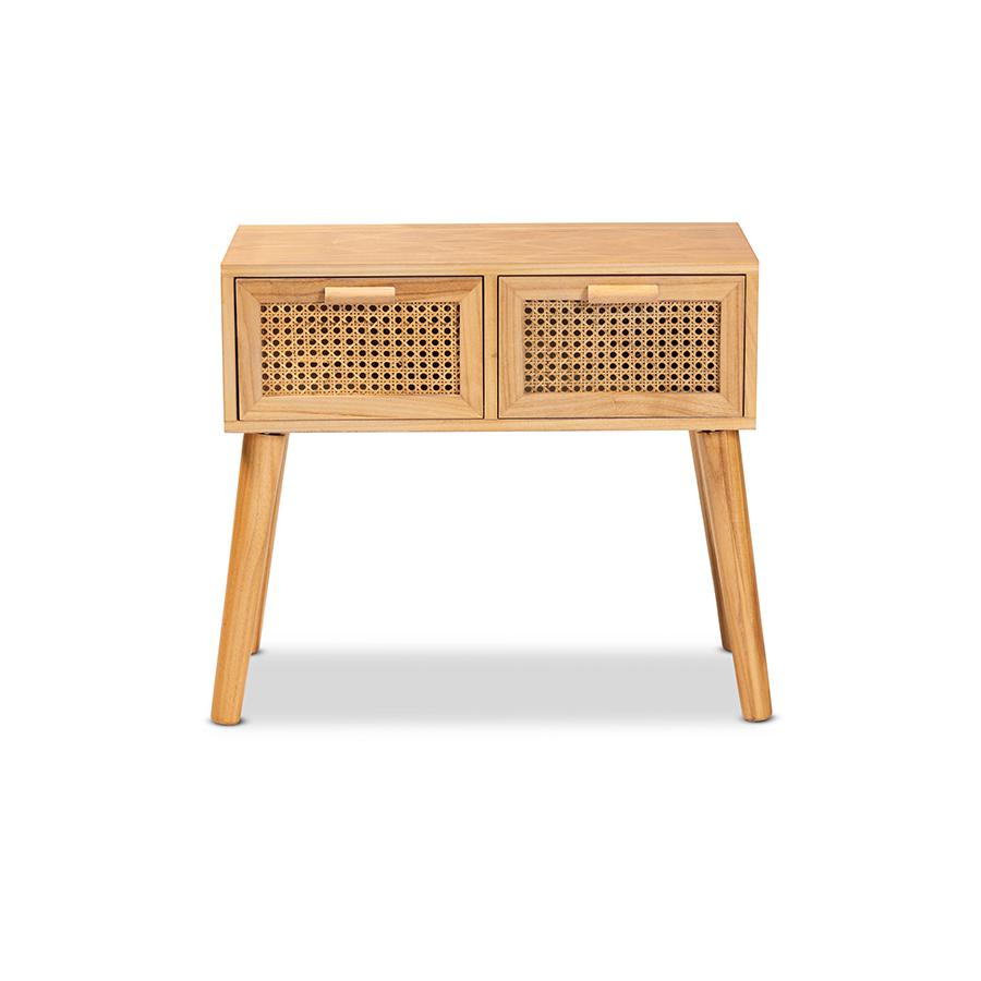 Baxton Studio Falan Mid-Century Modern Oak Brown Finished Wood 2-Drawer Console Table with Rattan | Console Tables | Modishstore - 3