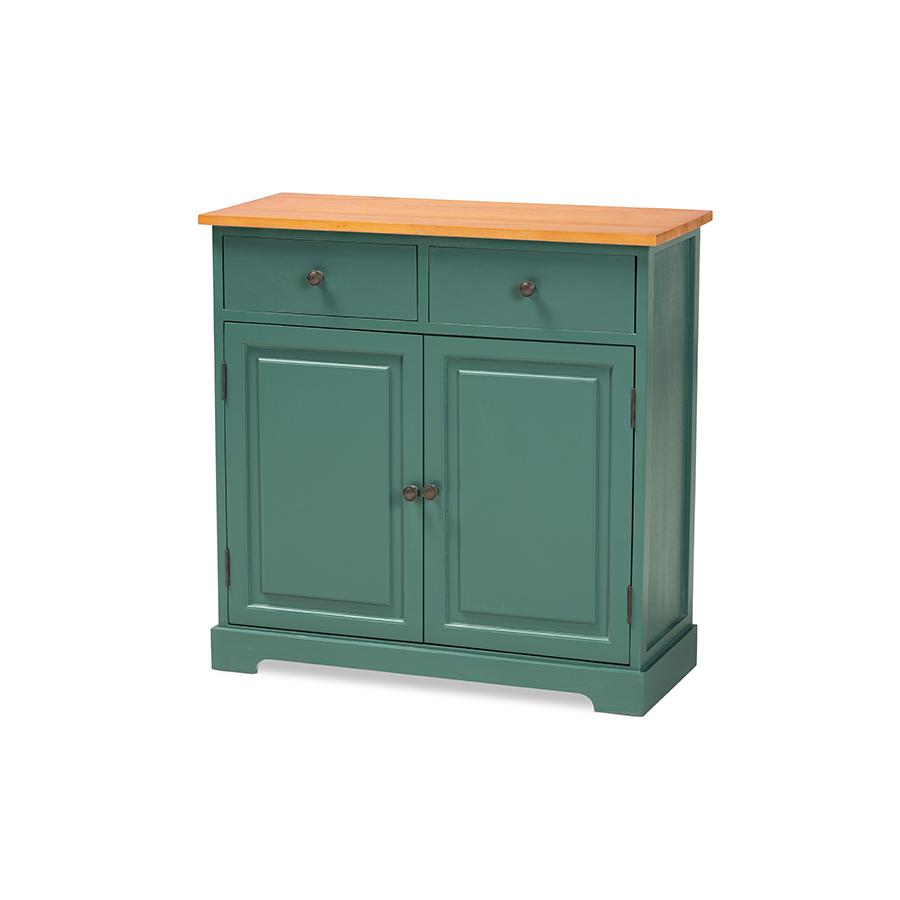 Baxton Studio Garner Modern and Contemporary Two-Tone Turquoise and Oak Brown Finished Wood 2-Drawer Kitchen Cabinet | Cabinets | Modishstore