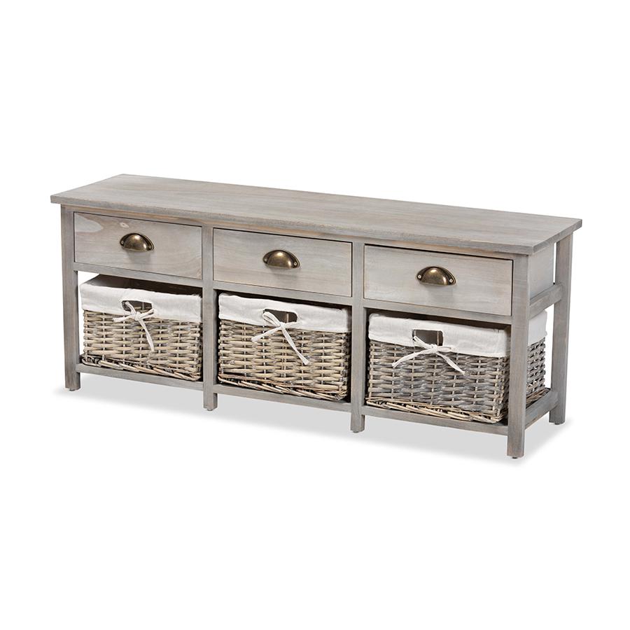 Baxton Studio Mabyn Modern and Contemporary Light Grey Finished Wood 3-Drawer Storage Bench with Baskets | Benches | Modishstore