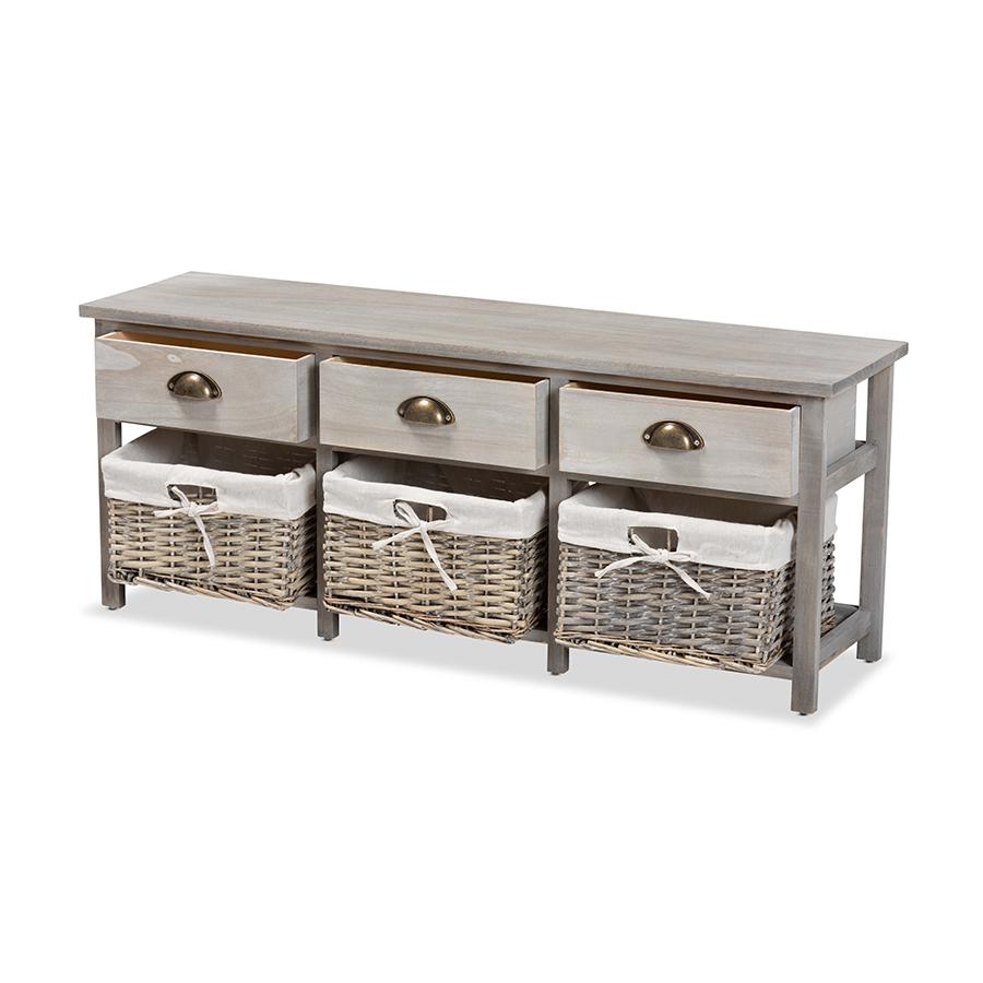 Baxton Studio Mabyn Modern and Contemporary Light Grey Finished Wood 3-Drawer Storage Bench with Baskets | Benches | Modishstore - 2