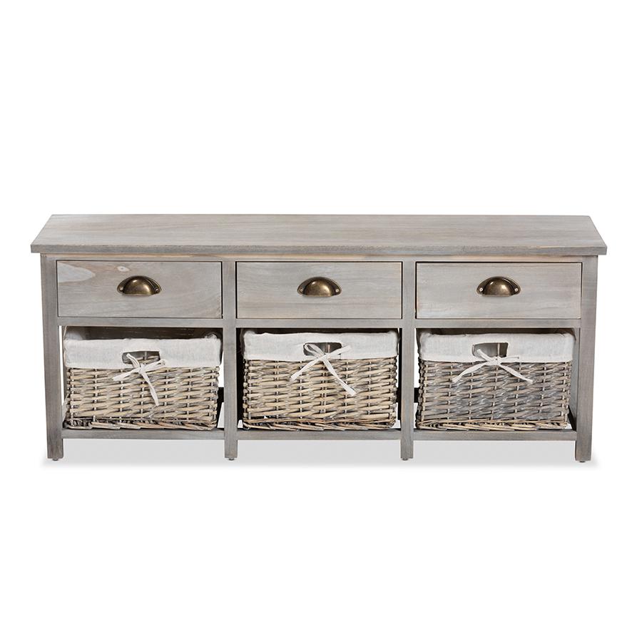 Baxton Studio Mabyn Modern and Contemporary Light Grey Finished Wood 3-Drawer Storage Bench with Baskets | Benches | Modishstore - 3