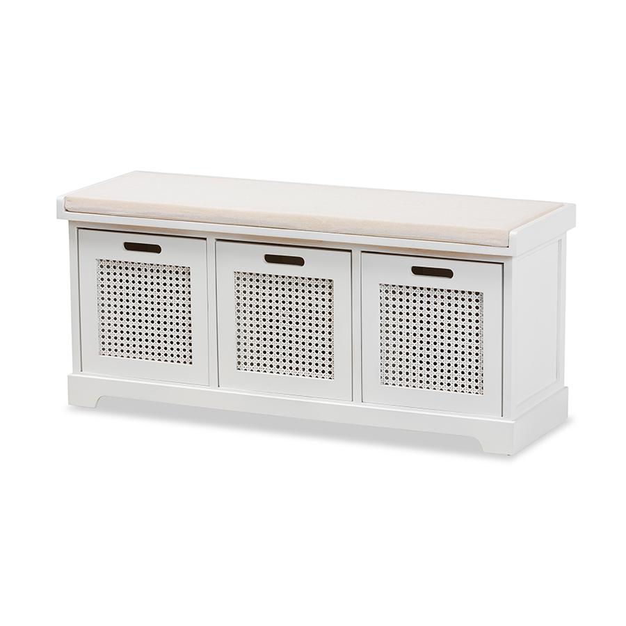 Baxton Studio Tabor Modern and Contemporary Beige Fabric Upholstered and White Finished Wood 3-Basket Storage Bench with Rattan Accent | Benches | Modishstore