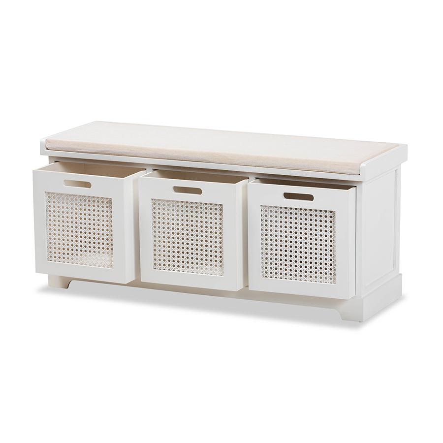 Baxton Studio Tabor Modern and Contemporary Beige Fabric Upholstered and White Finished Wood 3-Basket Storage Bench with Rattan Accent | Benches | Modishstore - 3