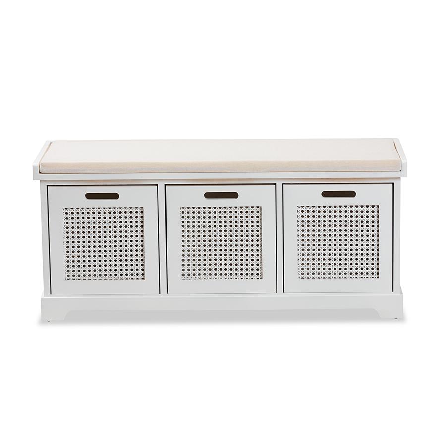Baxton Studio Tabor Modern and Contemporary Beige Fabric Upholstered and White Finished Wood 3-Basket Storage Bench with Rattan Accent | Benches | Modishstore - 4
