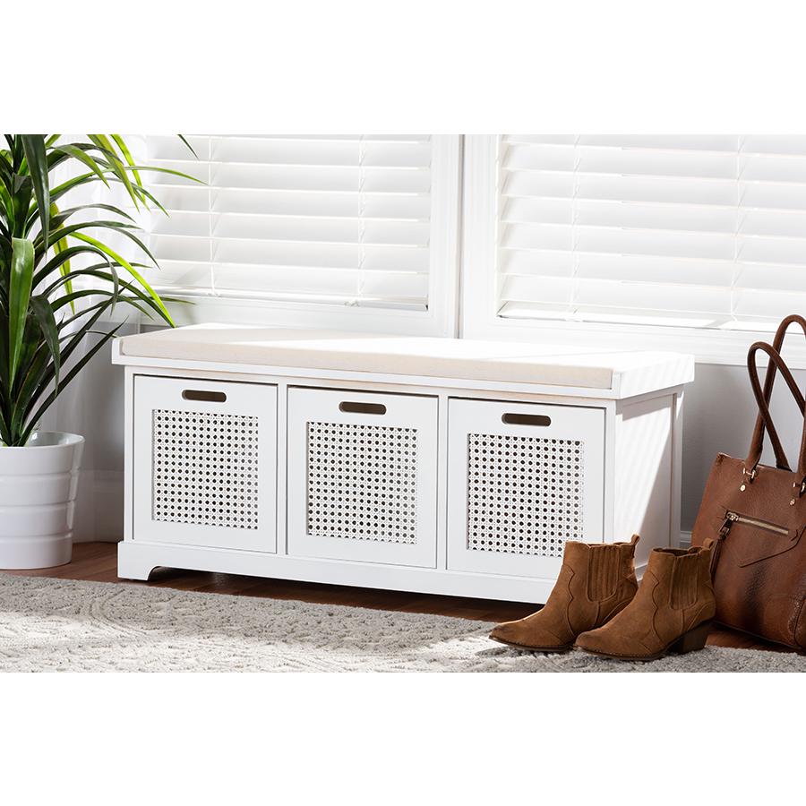 Baxton Studio Tabor Modern and Contemporary Beige Fabric Upholstered and White Finished Wood 3-Basket Storage Bench with Rattan Accent | Benches | Modishstore - 2