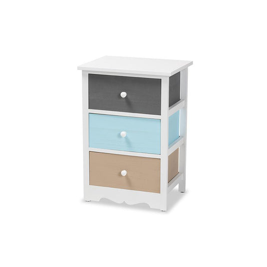 Baxton Studio Kalila Modern and Contemporary White and Multi-Colored Finished Wood 3-Drawer Nightstand | Nightstands | Modishstore