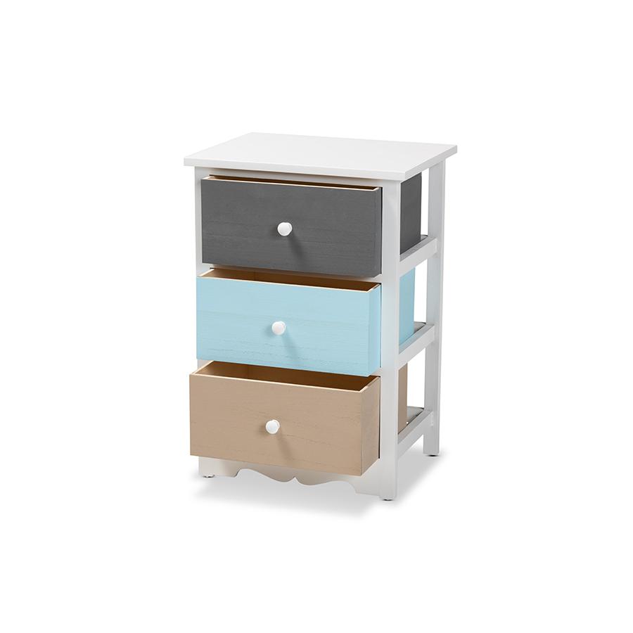 Baxton Studio Kalila Modern and Contemporary White and Multi-Colored Finished Wood 3-Drawer Nightstand | Nightstands | Modishstore - 2