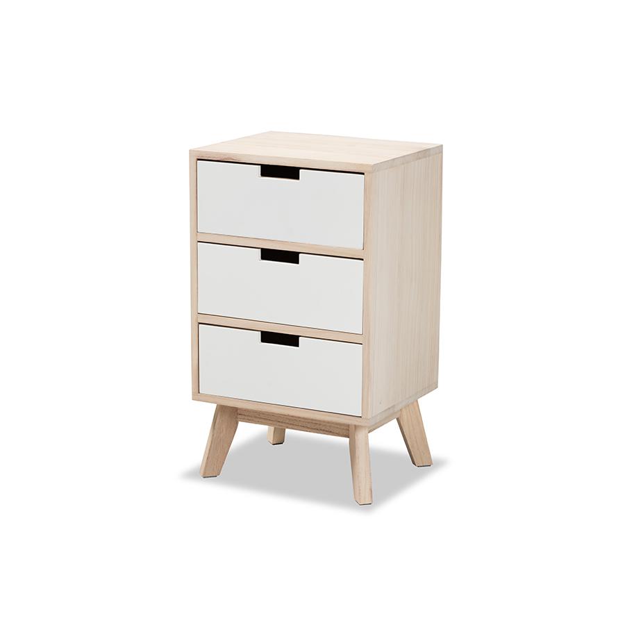 Baxton Studio Halian Mid-Century Modern Two-Tone White and Light Brown Finished Wood 3-Drawer Nightstand | Nightstands | Modishstore - 3