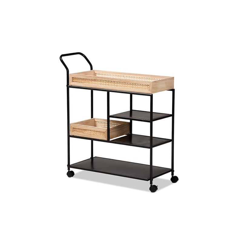 Baxton Studio Calais Modern Industrial Oak Brown Finished Wood and Black Metal Mobile Kitchen Cart with Rattan | Bar Carts | Modishstore