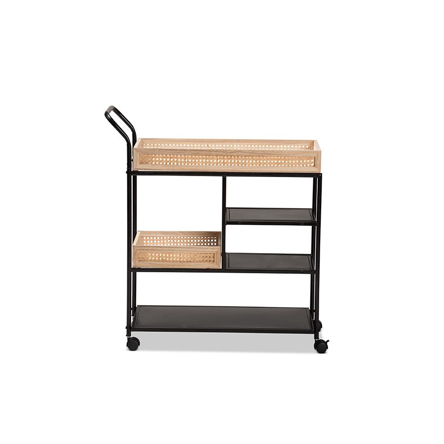 Baxton Studio Calais Modern Industrial Oak Brown Finished Wood and Black Metal Mobile Kitchen Cart with Rattan | Bar Carts | Modishstore - 2