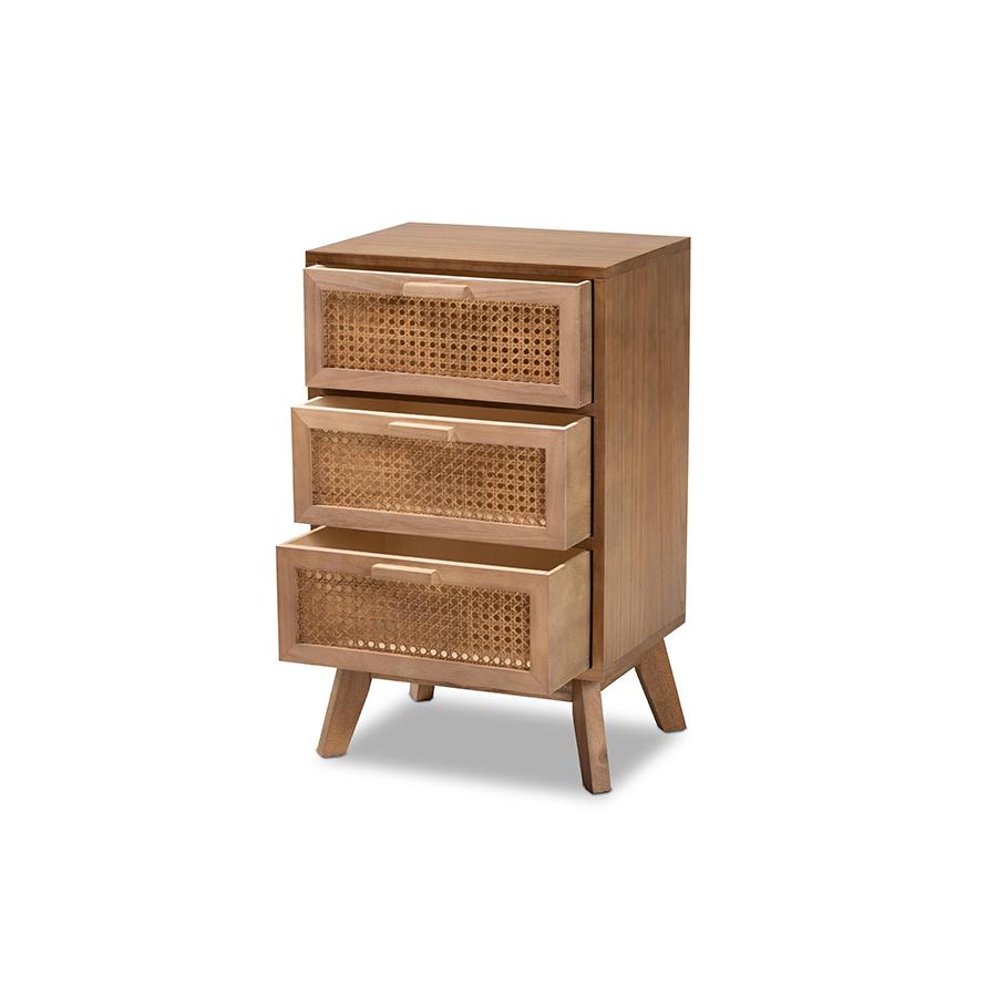 Baxton Studio Baden Mid-Century Modern Walnut Brown Finished Wood 3-Drawer Nightstand with Rattan | Nightstands | Modishstore - 2