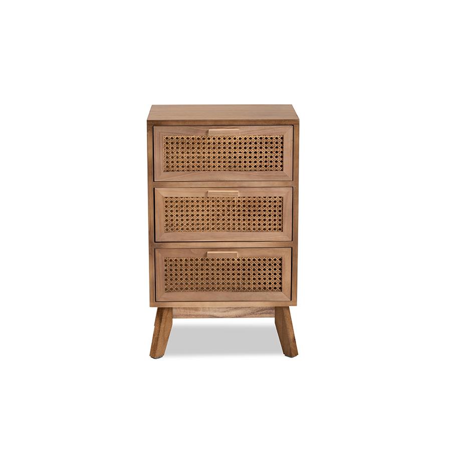 Baxton Studio Baden Mid-Century Modern Walnut Brown Finished Wood 3-Drawer Nightstand with Rattan | Nightstands | Modishstore - 3