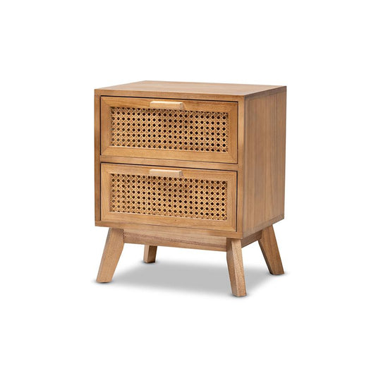 Baxton Studio Baden Mid-Century Modern Walnut Brown Finished Wood 2-Drawer Nightstand with Rattan | Nightstands | Modishstore
