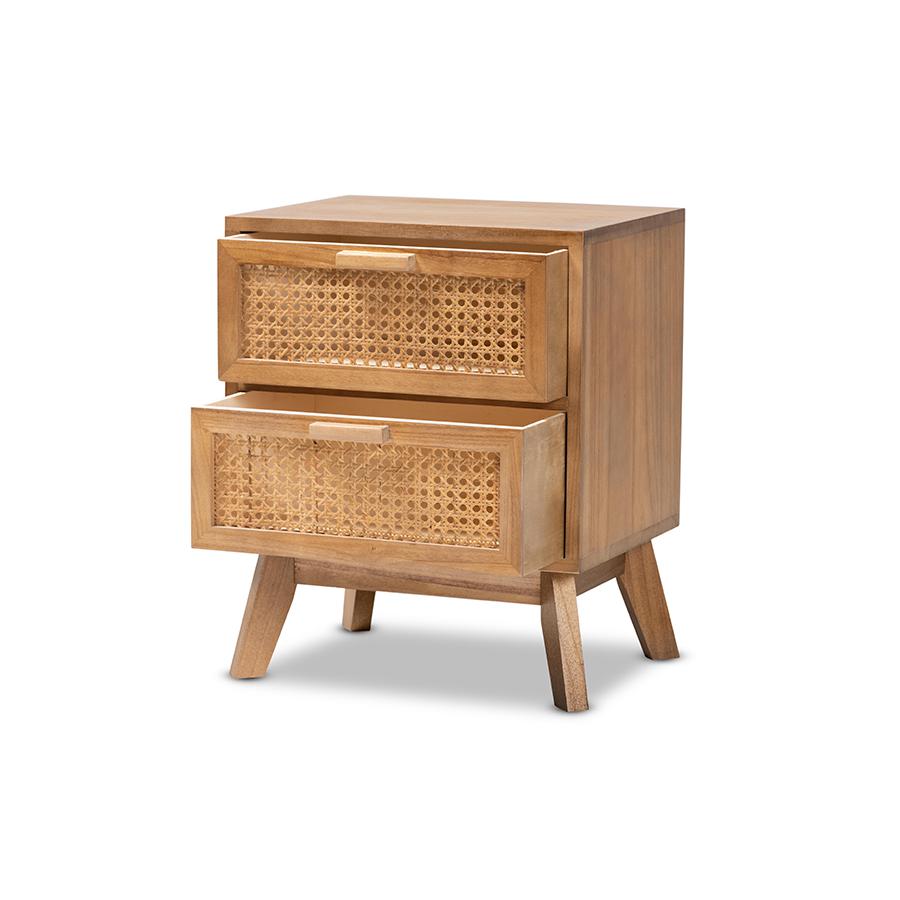 Baxton Studio Baden Mid-Century Modern Walnut Brown Finished Wood 2-Drawer Nightstand with Rattan | Nightstands | Modishstore - 2
