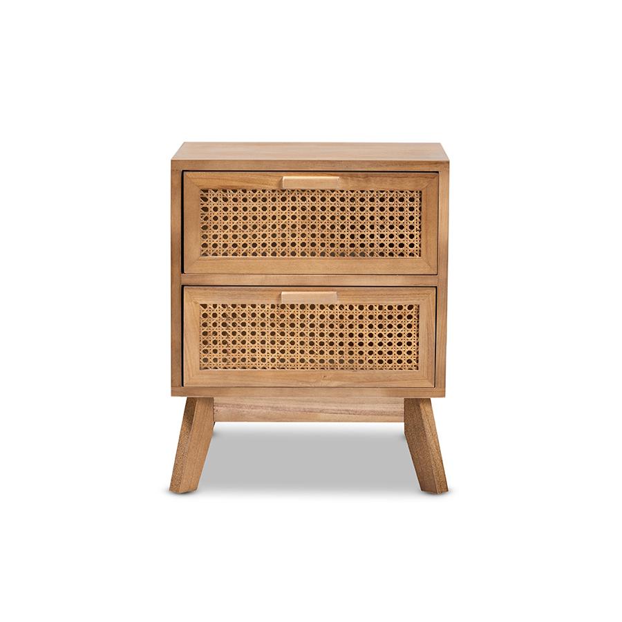 Baxton Studio Baden Mid-Century Modern Walnut Brown Finished Wood 2-Drawer Nightstand with Rattan | Nightstands | Modishstore - 3