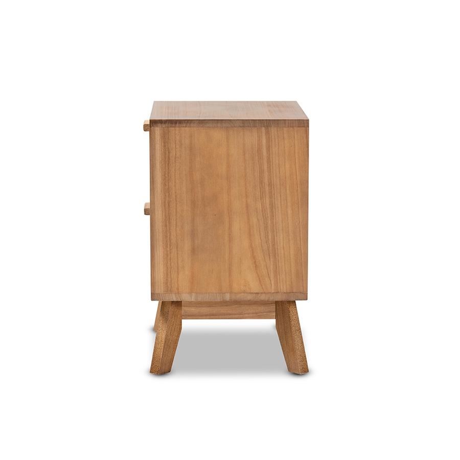 Baxton Studio Baden Mid-Century Modern Walnut Brown Finished Wood 2-Drawer Nightstand with Rattan | Nightstands | Modishstore - 4