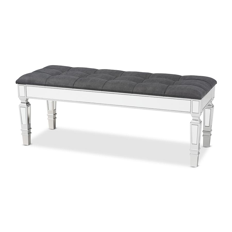 Baxton Studio Hedia Contemporary Glam and Luxe Grey Fabric Upholstered and Silver Finished Wood Accent Bench | Benches | Modishstore