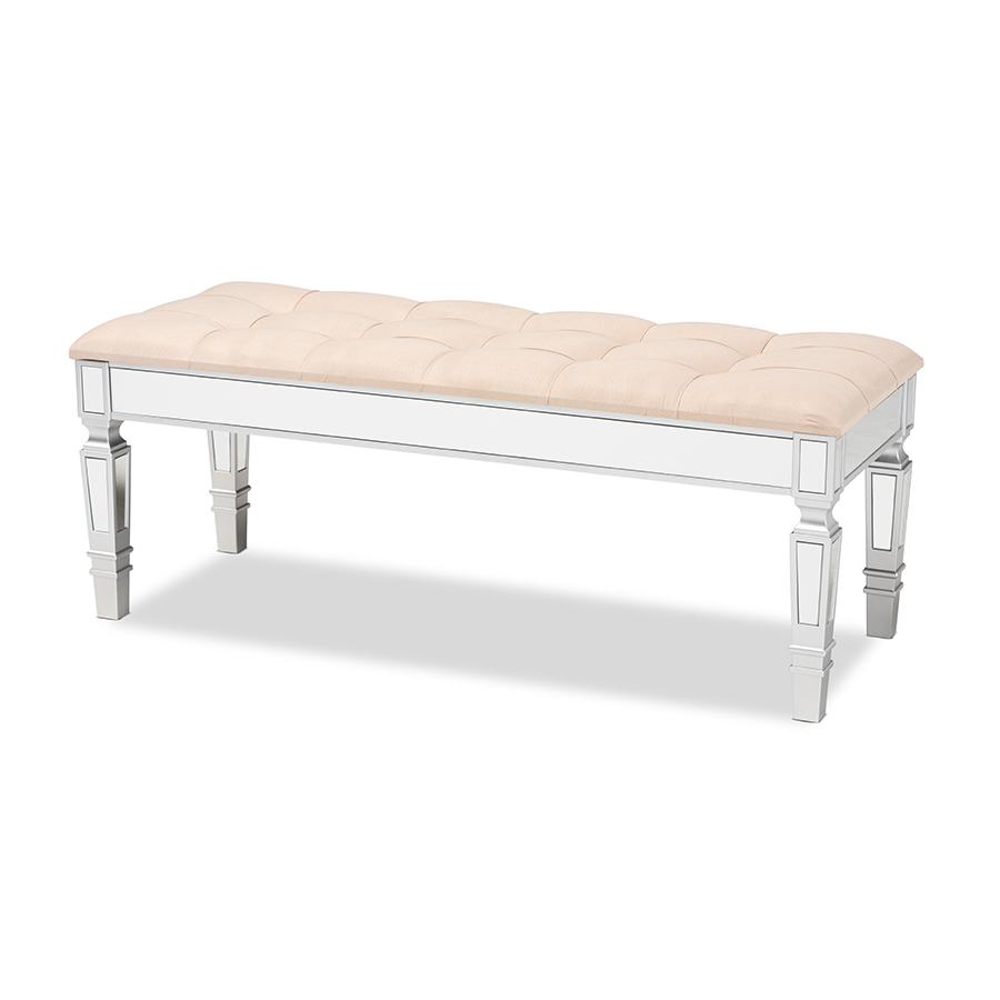 Baxton Studio Hedia Contemporary Glam and Luxe Beige Fabric Upholstered and Silver Finished Wood Accent Bench | Benches | Modishstore