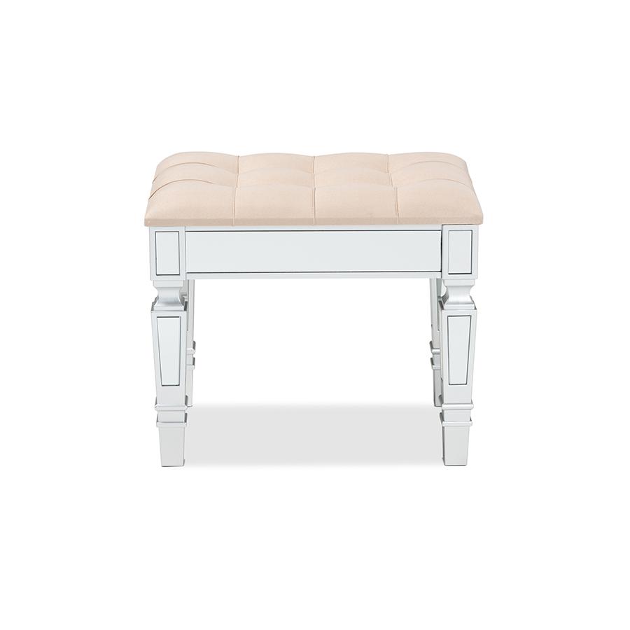 Baxton Studio Hedia Contemporary Glam and Luxe Beige Fabric Upholstered and Silver Finished Wood Ottoman | Ottomans | Modishstore - 2