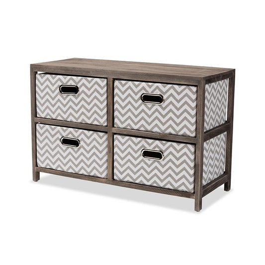 Baxton Studio Jorah Modern and Contemporary Grey and White Fabric Upholstered Greywashed Wood 4-Basket Storage Unit | Drawers | Modishstore