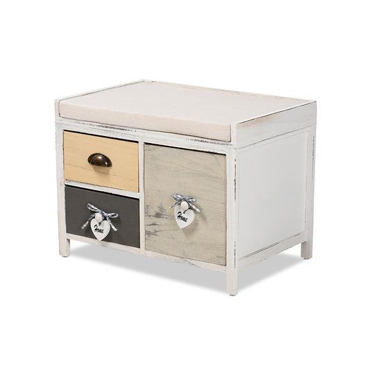 Baxton Studio Jacoby Modern Transitional Beige Fabric Upholstered and Multi-Colored Wood 3-Drawer Storage Bench | Benches | Modishstore