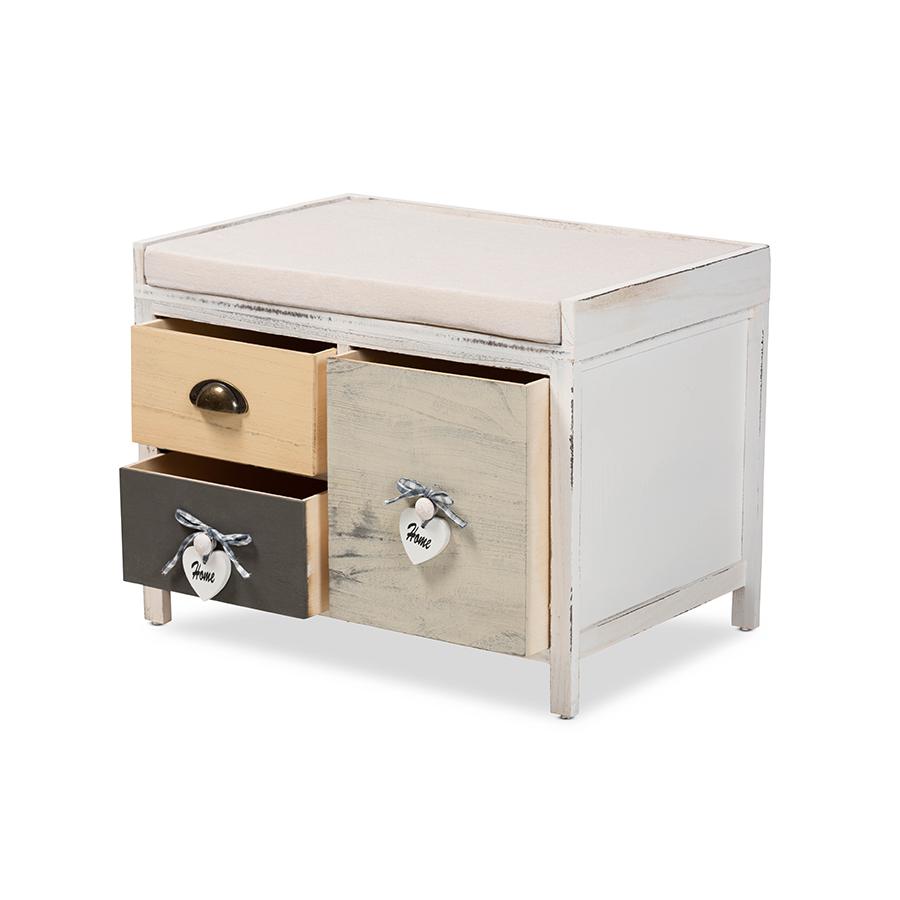 Baxton Studio Jacoby Modern Transitional Beige Fabric Upholstered and Multi-Colored Wood 3-Drawer Storage Bench | Benches | Modishstore - 2