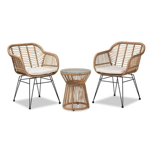 Baxton Studio Giorgia Modern and Contemporary Beige Fabric Upholstered and Brown Synthetic Rattan 3-Piece Patio Set | Outdoor Chairs | Modishstore