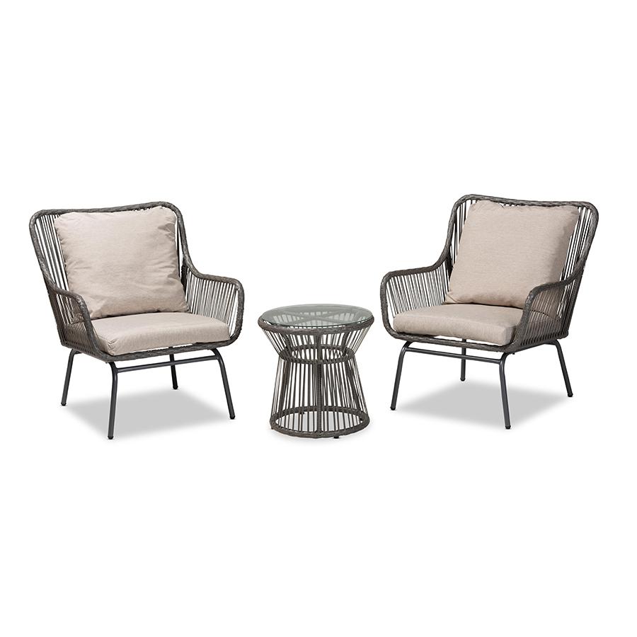 Baxton Studio Dermot Modern and Contemporary Beige Fabric and Grey Synthetic Rattan Upholstered 3-Piece Patio Set | Outdoor Chairs | Modishstore