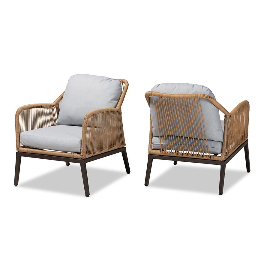 Baxton Studio Endecott Modern and Contemporary Grey Fabric Upholstered and Brown Synthetic Rattan 2-Piece Patio Chair Set | Outdoor Chairs | Modishstore
