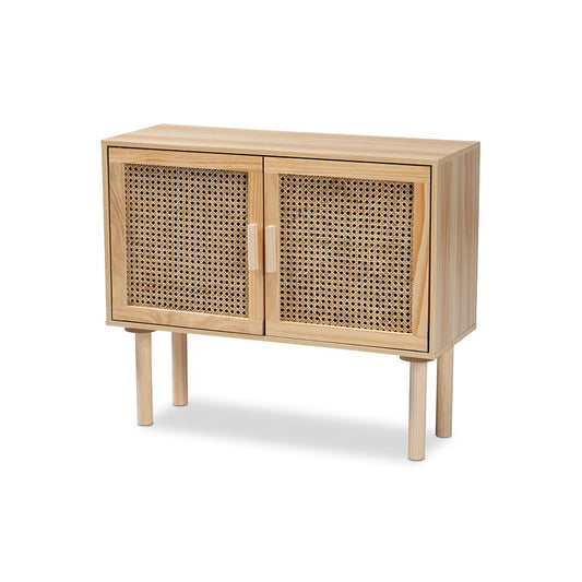 Baxton Studio Maclean Mid-Century Modern Rattan and Natural Brown Finished Wood 2-Door Sideboard Buffet | Sideboards | Modishstore
