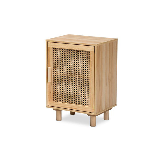 Baxton Studio Maclean Mid-Century Modern Rattan and Natural Brown Finished Wood 1-Door Nightstand | Nightstands | Modishstore