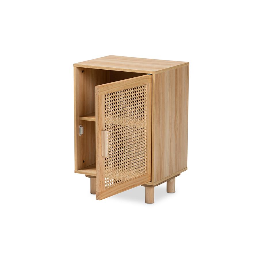 Baxton Studio Maclean Mid-Century Modern Rattan and Natural Brown Finished Wood 1-Door Nightstand | Nightstands | Modishstore - 2