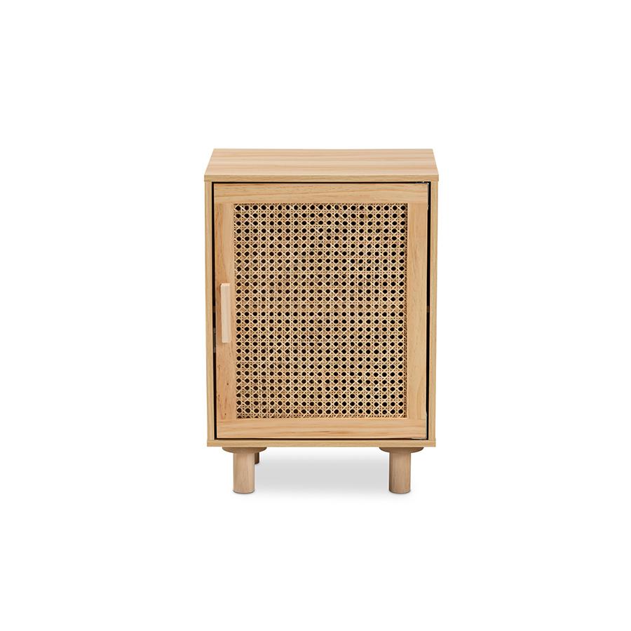 Baxton Studio Maclean Mid-Century Modern Rattan and Natural Brown Finished Wood 1-Door Nightstand | Nightstands | Modishstore - 3