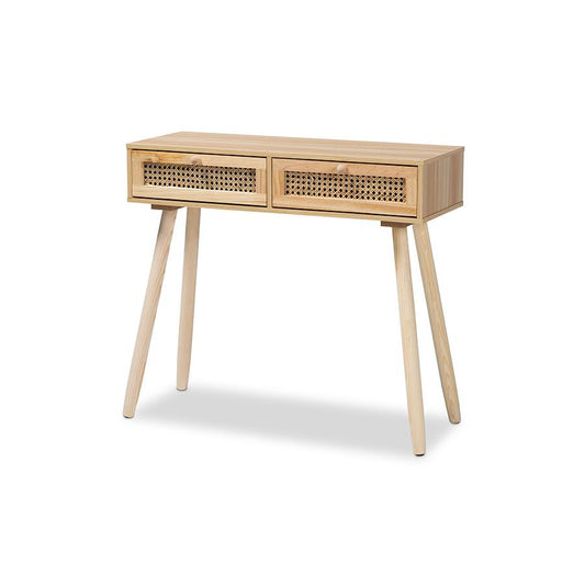 Baxton Studio Maclean Mid-Century Modern Rattan and Natural Brown Finished Wood 2-Drawer Console Table | Console Tables | Modishstore
