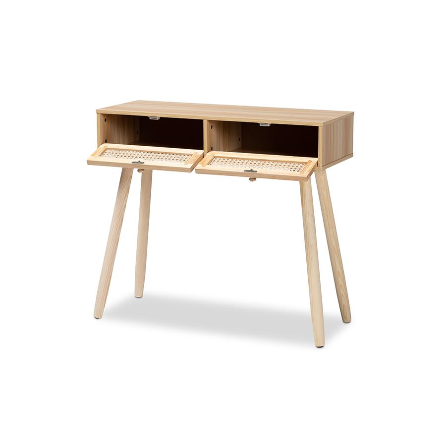 Baxton Studio Maclean Mid-Century Modern Rattan and Natural Brown Finished Wood 2-Drawer Console Table | Console Tables | Modishstore - 2
