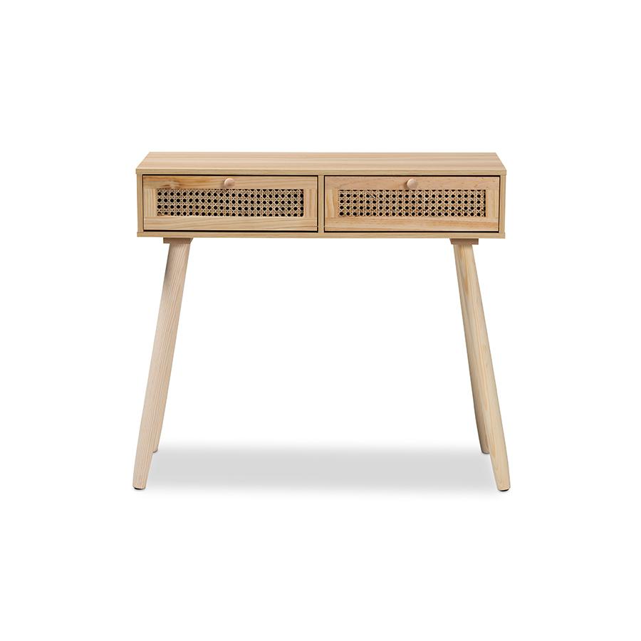 Baxton Studio Maclean Mid-Century Modern Rattan and Natural Brown Finished Wood 2-Drawer Console Table | Console Tables | Modishstore - 3
